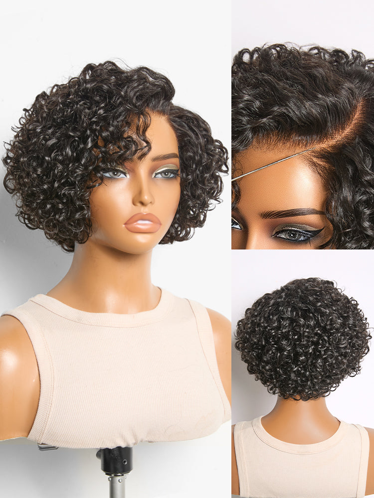 New Customers Only | Brown Highlight / Natural Black Water Wave Pixie Cut Glueless Minimalist HD Lace Short Curly Wig