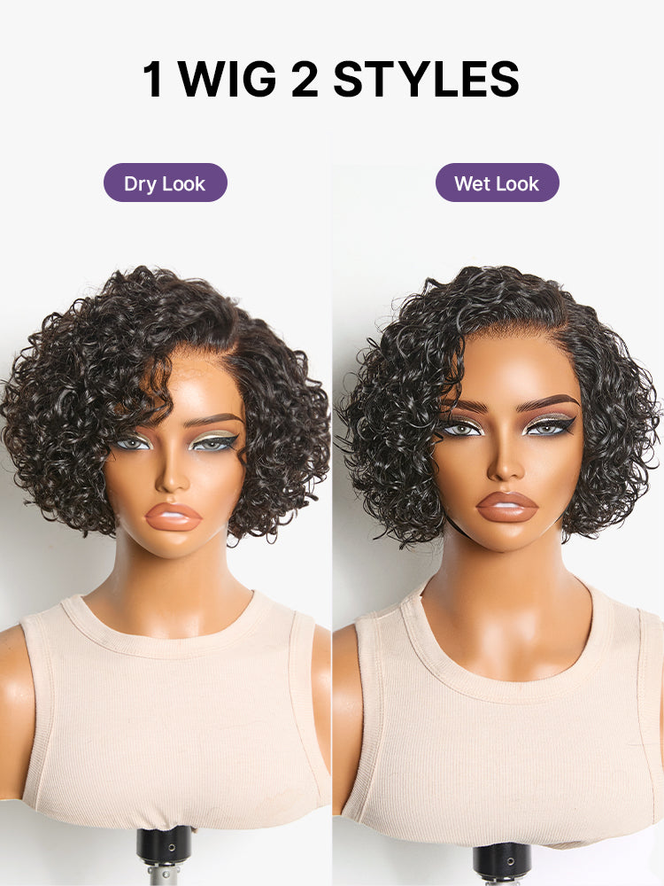 New Customers Only | Brown Highlight / Natural Black Water Wave Pixie Cut Glueless Minimalist HD Lace Short Curly Wig
