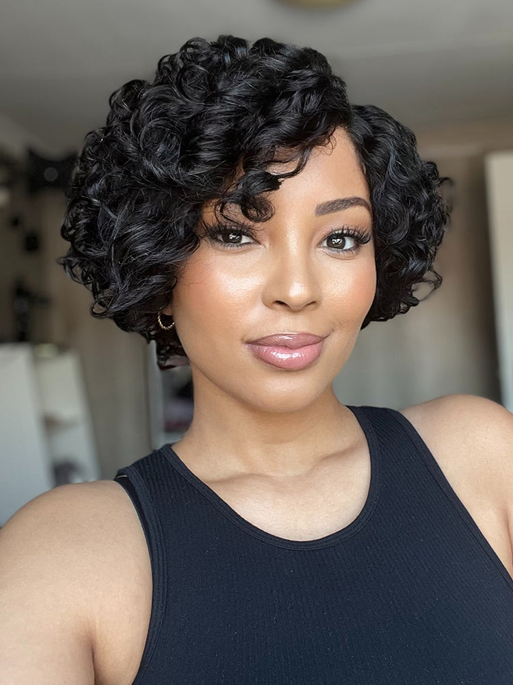 New Customers Only | Brown Highlight / Natural Black Water Wave Pixie Cut Glueless Minimalist HD Lace Short Curly Wig
