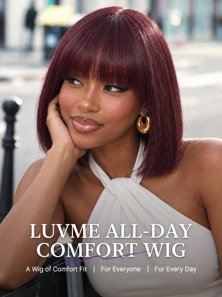 Reddish Purple Realistic Glueless Yaki Straight Bob with Bangs Minimalist Lace Bob Wig All-Day Comfort Cap-44