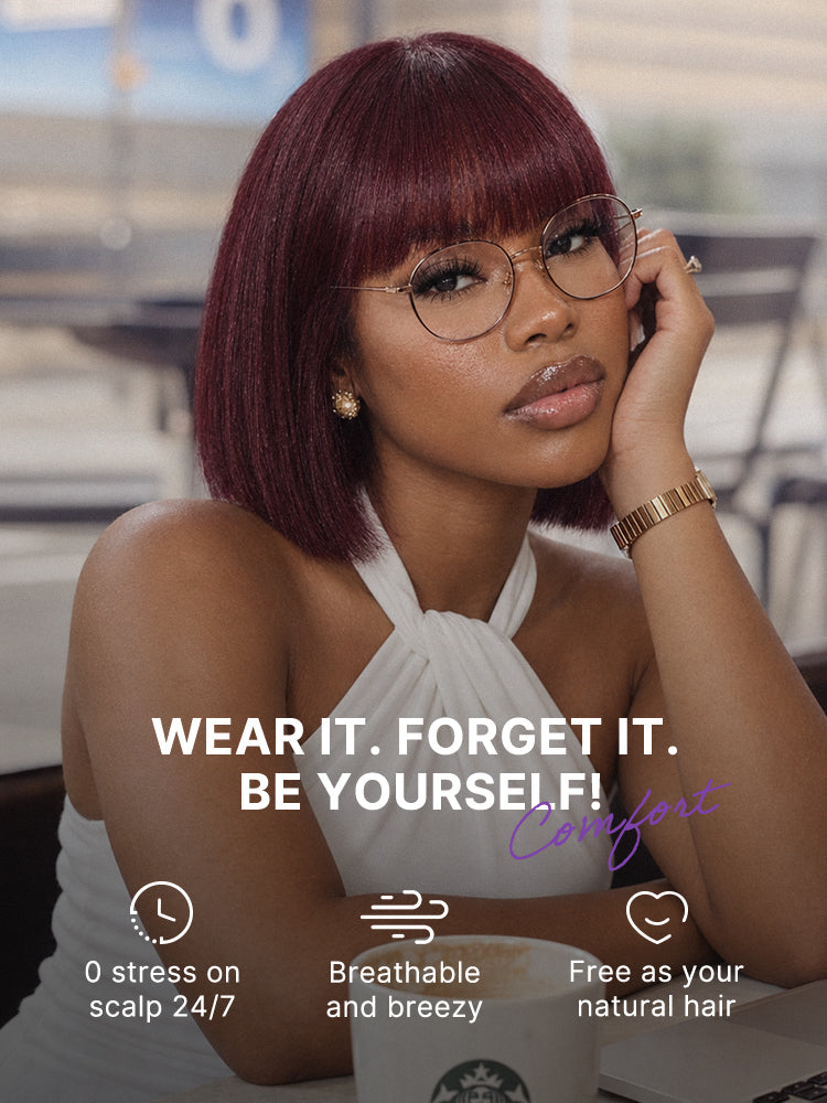 Reddish Purple Realistic Glueless Yaki Straight Bob with Bangs Minimalist Lace Bob Wig All-Day Comfort Cap-47