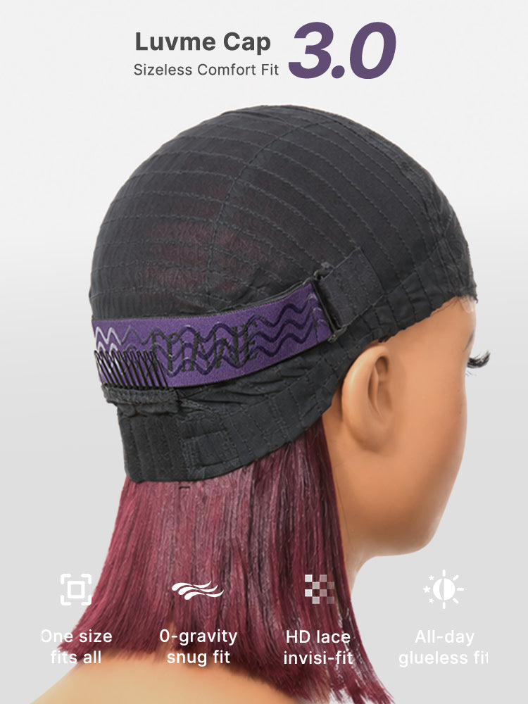Reddish Purple Realistic Glueless Yaki Straight Bob with Bangs Minimalist Lace Bob Wig All-Day Comfort Cap-45