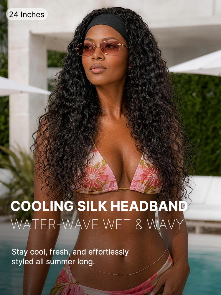 Beginner Friendly Water-Wave Wet and Wavy Headband Wig with Integrated Cooling Silk Headband, Effortless Wet-to-Dry Transformation (Get 2 Free Headbands)
