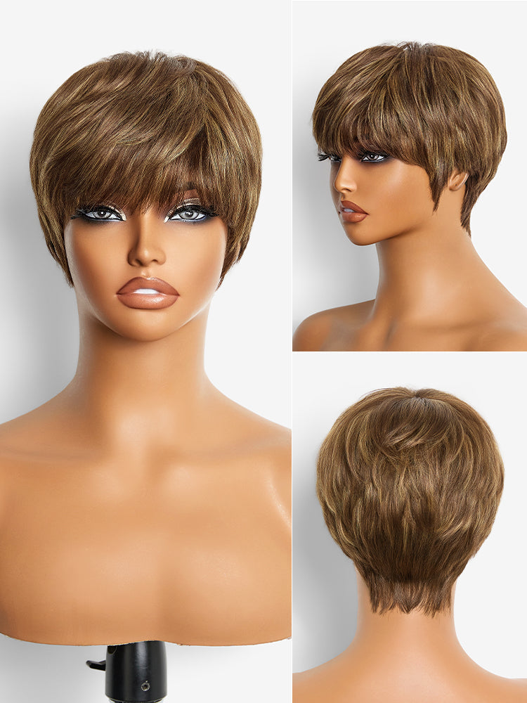Throw On & Go Short Pixie Cut with Bangs Wig Ultra Comfort Skin-Like Soft Care Glueless Wig Hair Loss Friendly