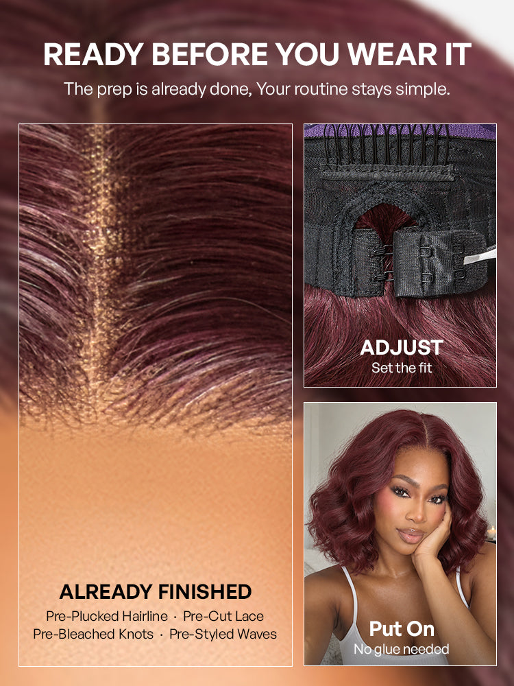 Dark Plum 99J Color Wig Loose Wave Minimalist HD Lace Glueless Mid Part Short Wig Pre-cut Lace-26