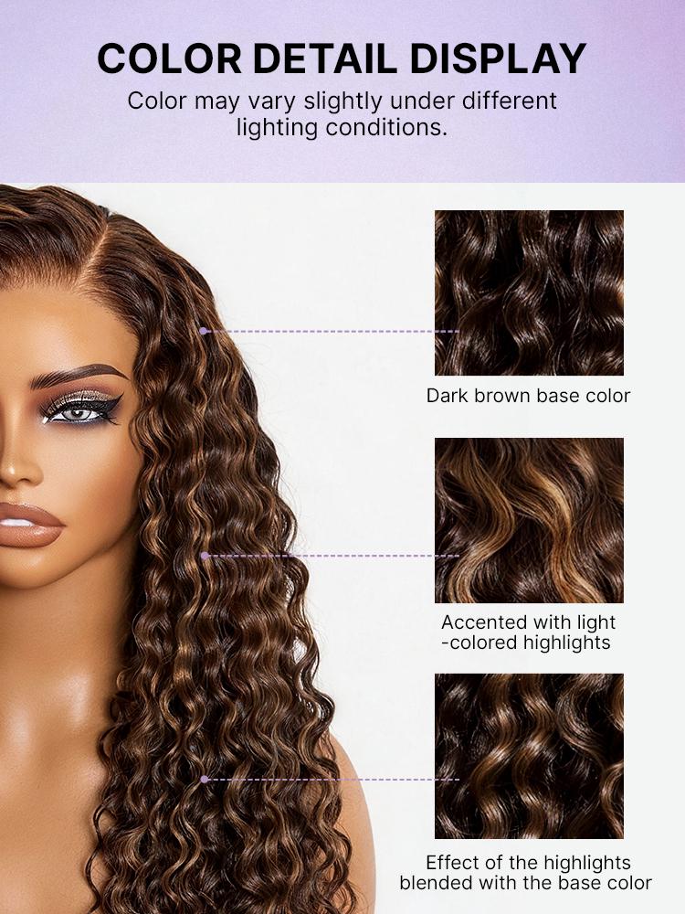 Melted Hair All-Day Comfort™ Wig PartingMax Brown Highlights Funmi Curly 7x6 Closure HD Lace Glueless Wig Pre Cut Lace