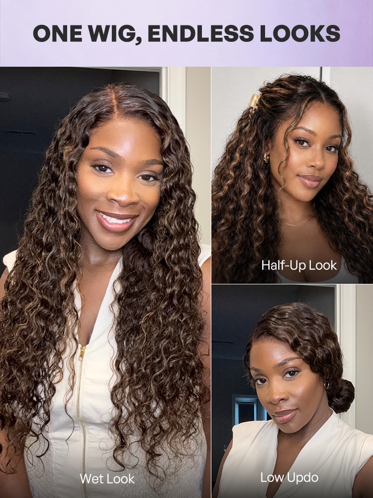 Melted Hair All-Day Comfort™ Wig PartingMax Brown Highlights Funmi Curly 7x6 Closure HD Lace Glueless Wig Pre Cut Lace