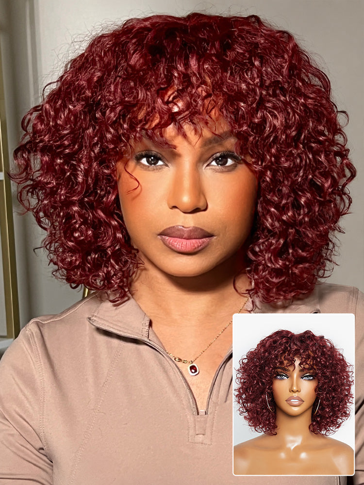 Beginner Friendly Dark Red Water Wave Glueless Minimalist Lace Curly Wig with Bangs