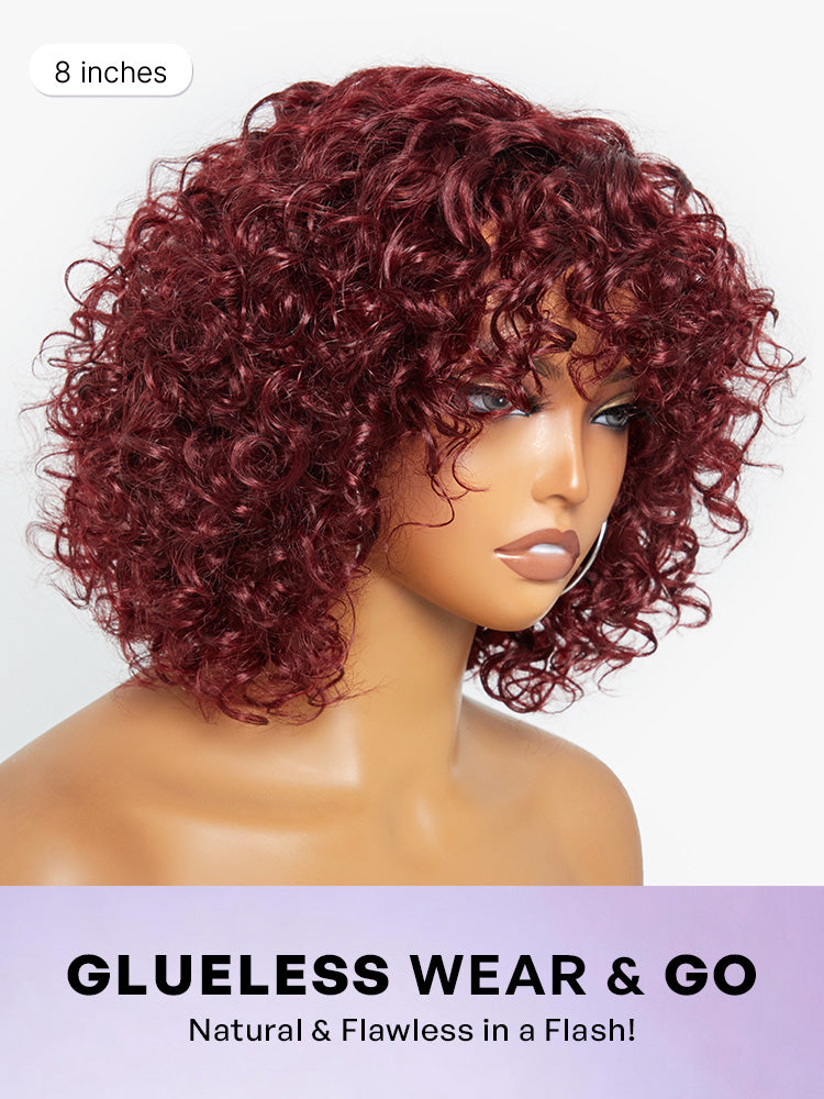 Beginner Friendly Dark Red Water Wave Glueless Minimalist Lace Curly Wig with Bangs