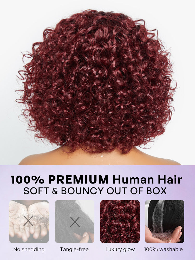 Beginner Friendly Dark Red Water Wave Glueless Minimalist Lace Curly Wig with Bangs