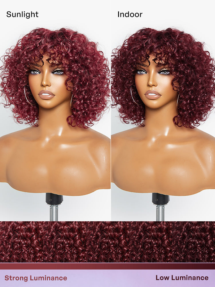 Beginner Friendly Dark Red Water Wave Glueless Minimalist Lace Curly Wig with Bangs