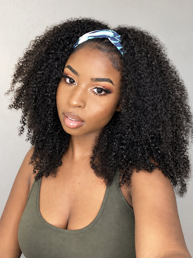 Natural Black Jerry Curly No Lace Glueless Free Part Long Headband Wig 100% Human Hair (Get Free Trendy Headbands)