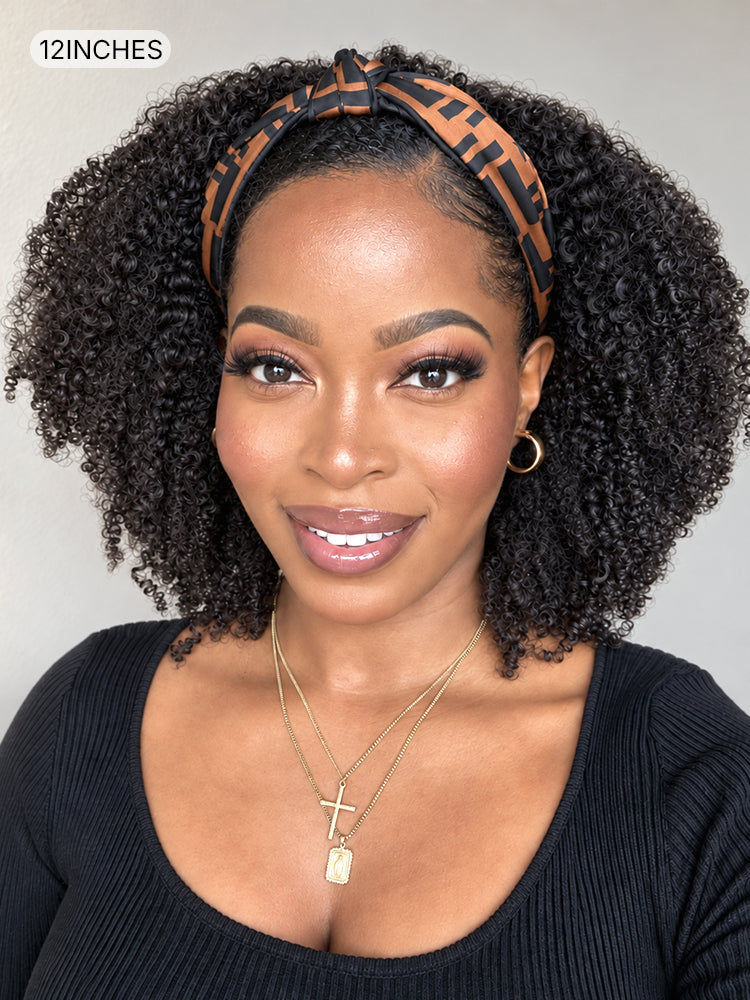 Natural Black Jerry Curly No Lace Glueless Free Part Long Headband Wig 100% Human Hair (Get Free Trendy Headbands)