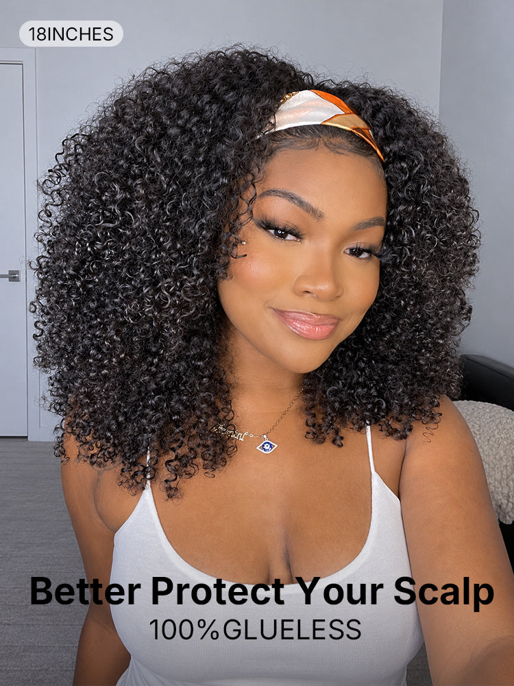 Natural Black Jerry Curly No Lace Glueless Free Part Long Headband Wig 100% Human Hair (Get Free Trendy Headbands)