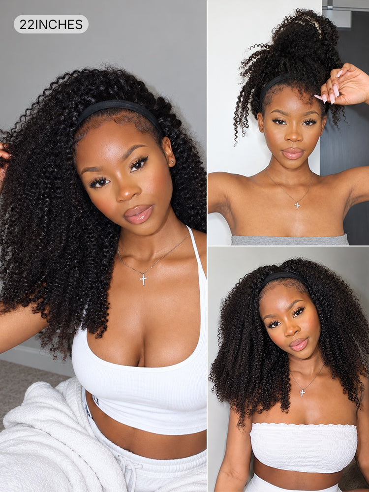 Natural Black Jerry Curly No Lace Glueless Free Part Long Headband Wig 100% Human Hair (Get Free Trendy Headbands)