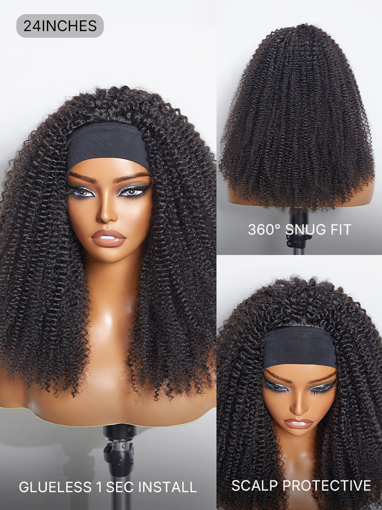 Natural Black Jerry Curly No Lace Glueless Free Part Long Headband Wig 100% Human Hair (Get Free Trendy Headbands)