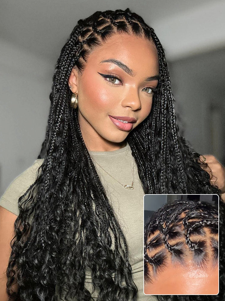 OwnScalp™ Light Weight Flexi-Fit Invisi Drawstring Cap Full Lace Knotless Boho Curls Braided Long Wig Super Natural Scalp Pre-Cut Lace