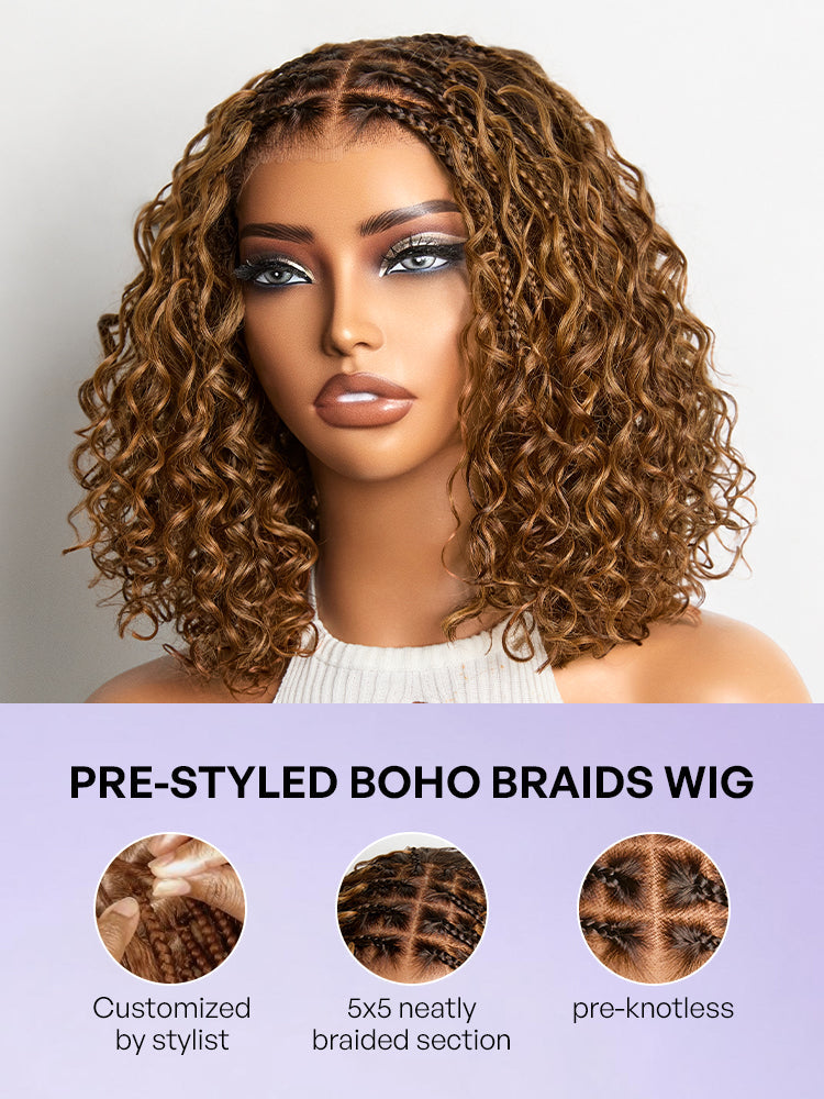 Readitress™ Ombre Brown Highlight Boho Braids Deep Curly Glueless 5x5 Closure Lace with Braided Top Human Hair Wig Pre-Cut Lace