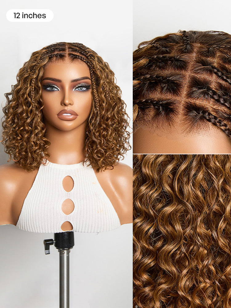 Readitress™ Ombre Brown Highlight Boho Braids Deep Curly Glueless 5x5 Closure Lace with Braided Top Human Hair Wig Pre-Cut Lace