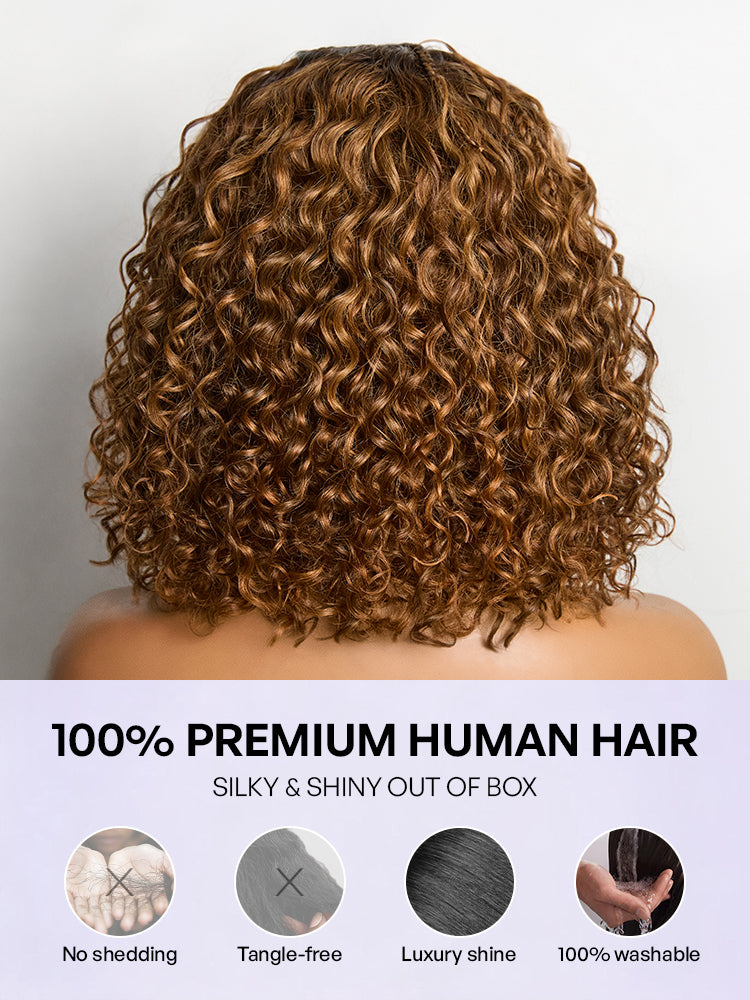 Readitress™ Ombre Brown Highlight Boho Braids Deep Curly Glueless 5x5 Closure Lace with Braided Top Human Hair Wig Pre-Cut Lace