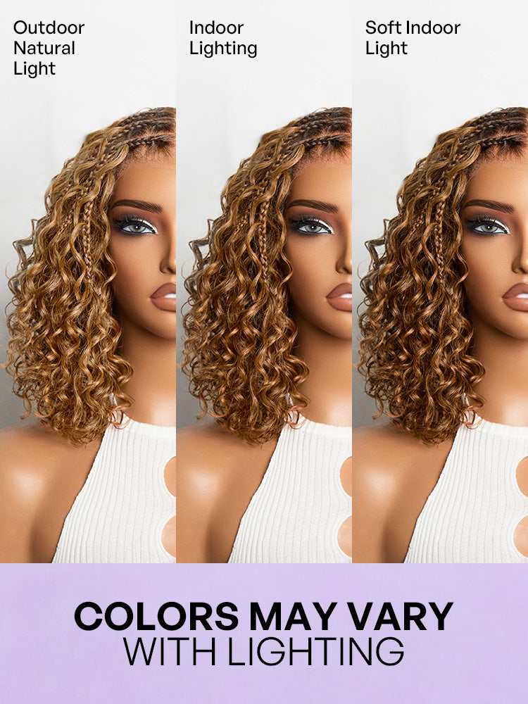 Readitress™ Ombre Brown Highlight Boho Braids Deep Curly Glueless 5x5 Closure Lace with Braided Top Human Hair Wig Pre-Cut Lace
