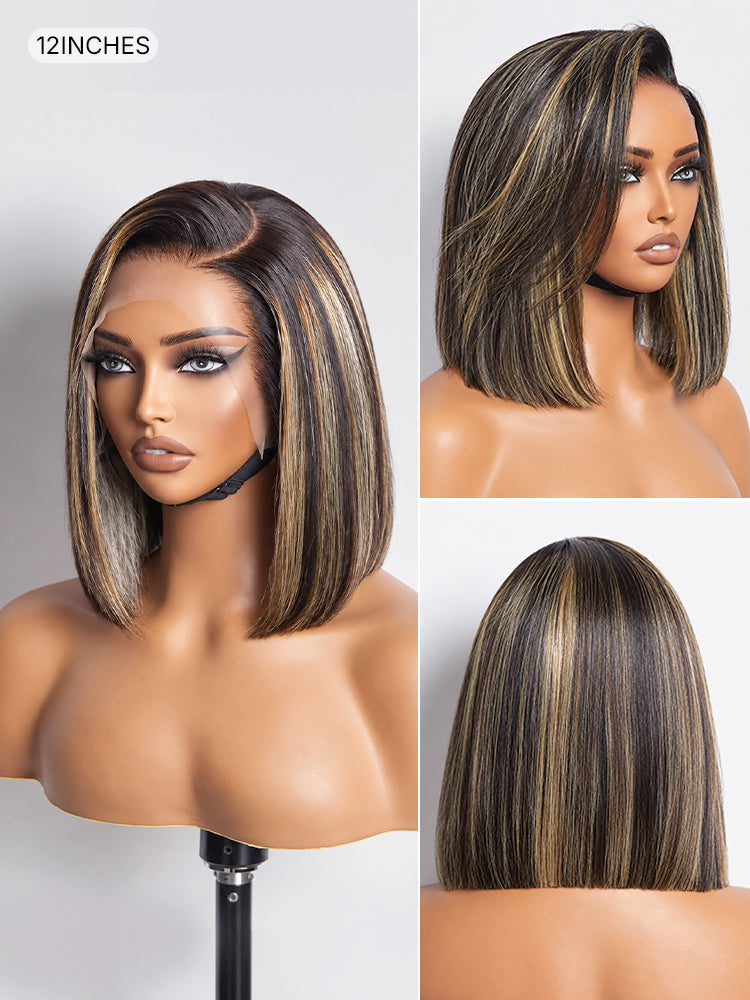 PreMax Wigs - Natural Black / Blonde Highlight C Part Glueless Lace Front Bob Wig Pre-cut Lace