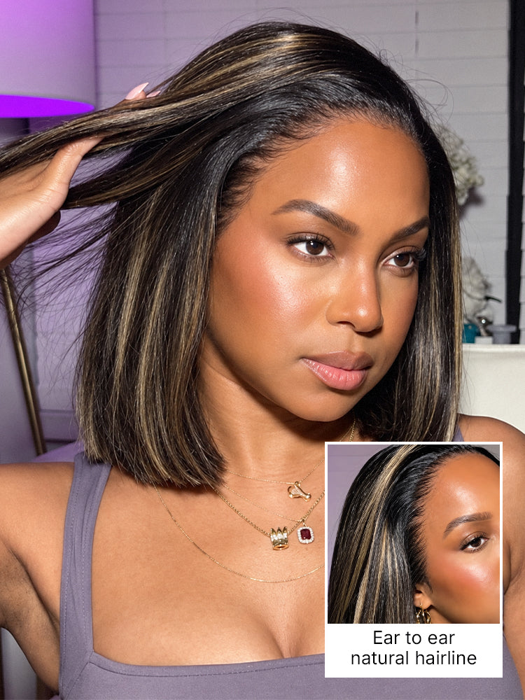 PreMax Wigs - Natural Black / Blonde Highlight C Part Glueless Lace Front Bob Wig Pre-cut Lace