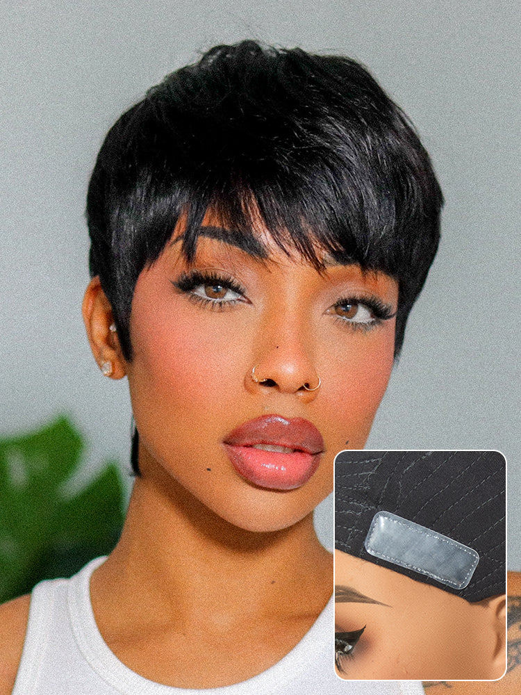 Throw On & Go Short Pixie Cut with Bangs Wig Ultra Comfort Skin-Like Soft Care Glueless Wig Hair Loss Friendly