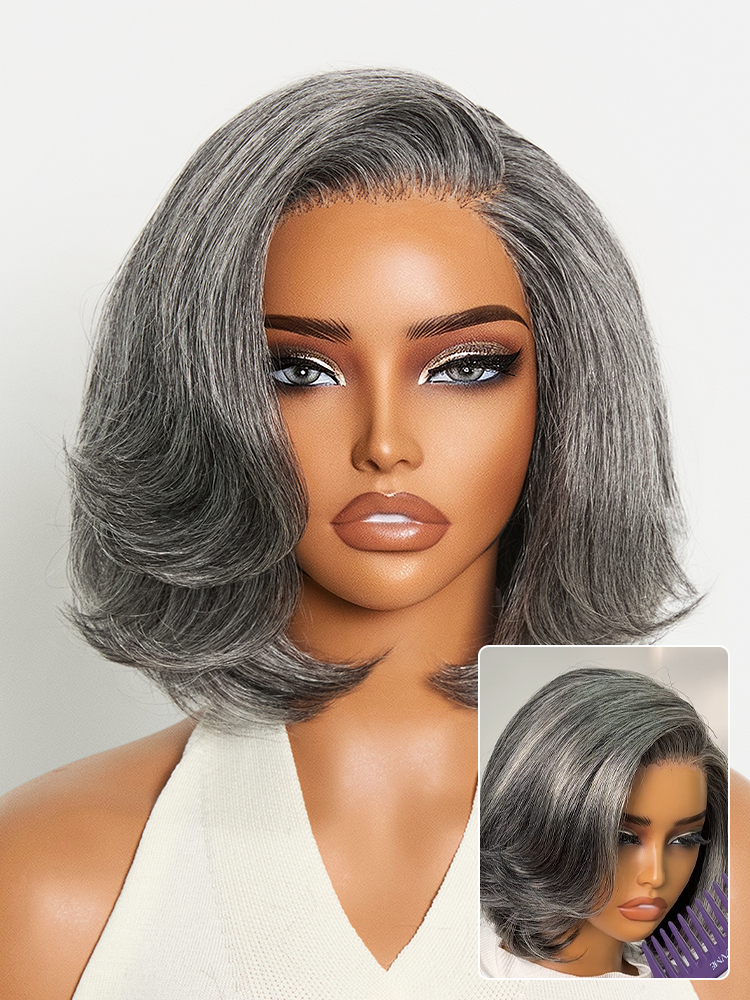 Boss Vibe Salt & Pepper Layered Bob Glueless Pre-Cut Minimalist HD Lace Grey Wig