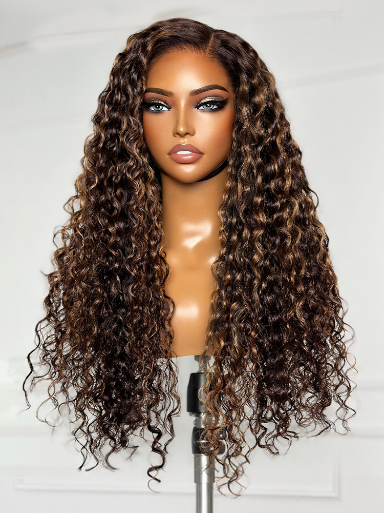 Melted Hair All-Day Comfort™ Wig PartingMax Brown Highlights Funmi Curly 7x6 Closure HD Lace Glueless Wig Pre Cut Lace