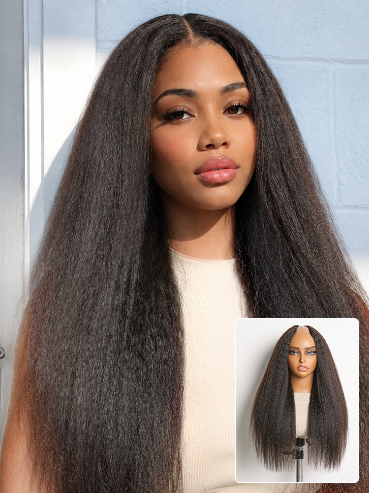 250% Density Kinky Straight Glueless V Part Wig 100% Human Hair with Flexi‑Fit Drawstring