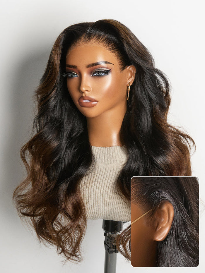 NatureMAX™ 200% Density Ombre Brown / Natural Black Loose Wave Glueless 13x6 / 13x4 HD Lace Front Wig Human Hair Pre-Cut Lace Flexi-Fit Drawstring Cap