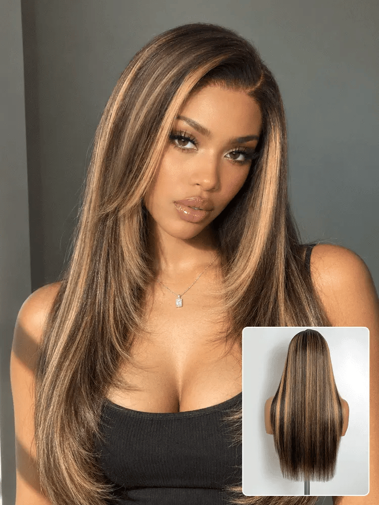 Melted Hair All-Day Comfort Wig 180% Density Blonde Highlight Butterfly Cut Layered Light Yaki Straight Glueless 7x6 Closure HD Lace Wig Pre-Cut Lace