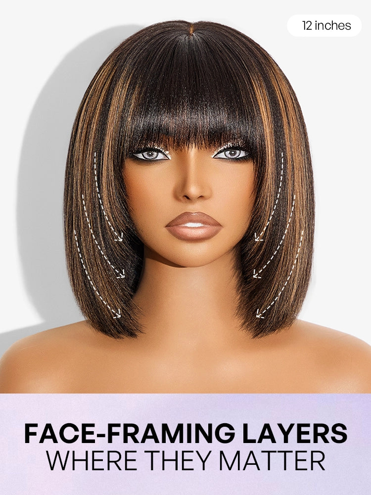 Put On and Go Bob Wig Ash Blonde Highlight / Brown Highlight / Natural Black Layered Cut Yaki Straight Minimalist Lace