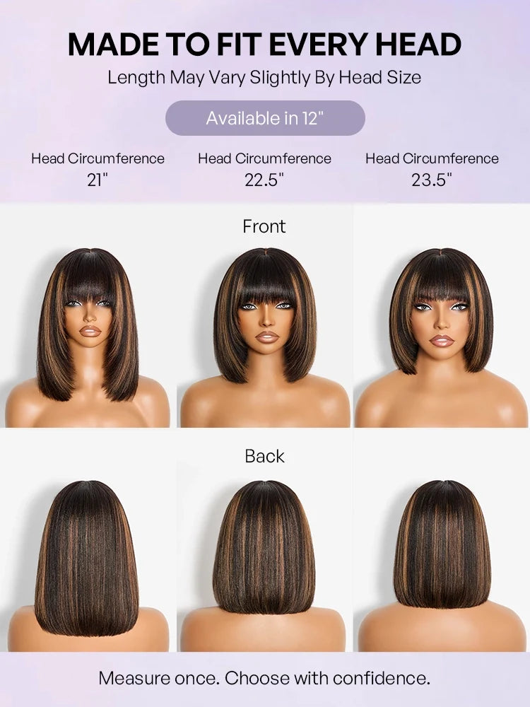 Put On and Go Bob Wig Ash Blonde Highlight / Brown Highlight / Natural Black Layered Cut Yaki Straight Minimalist Lace