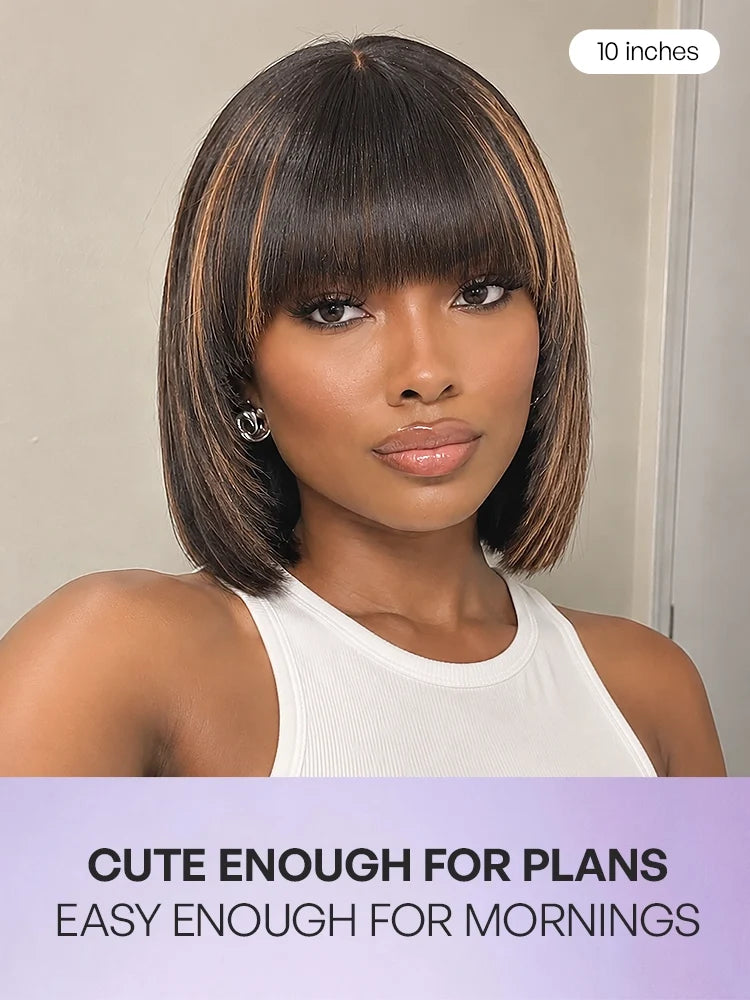 Put On and Go Bob Wig Ash Blonde Highlight / Brown Highlight / Natural Black Layered Cut Yaki Straight Minimalist Lace