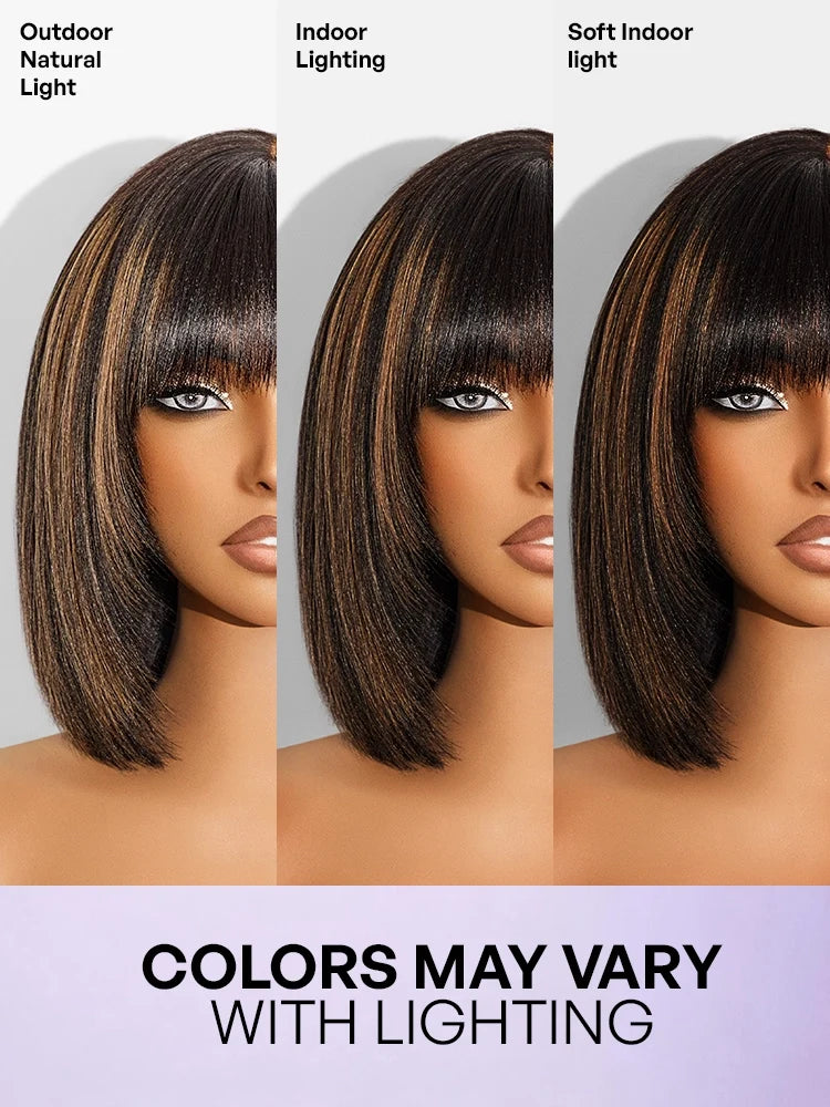Put On and Go Bob Wig Ash Blonde Highlight / Brown Highlight / Natural Black Layered Cut Yaki Straight Minimalist Lace