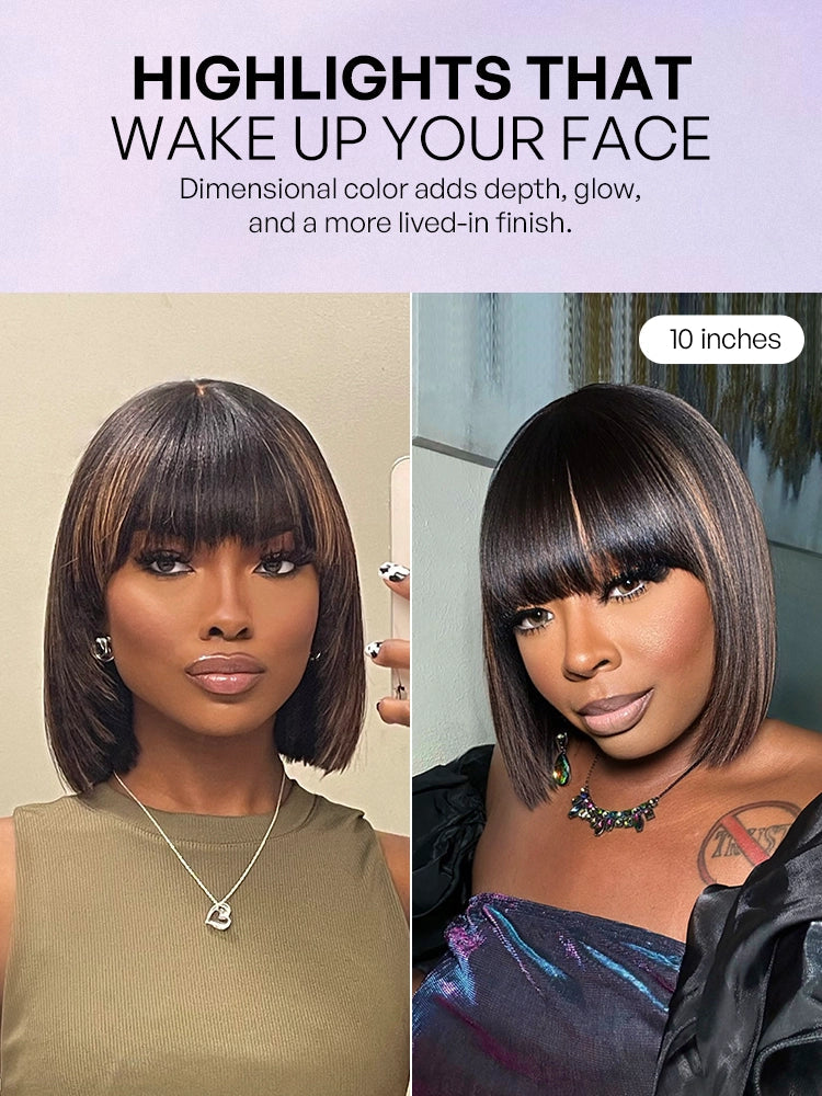 Put On and Go Bob Wig Ash Blonde Highlight / Brown Highlight / Natural Black Layered Cut Yaki Straight Minimalist Lace