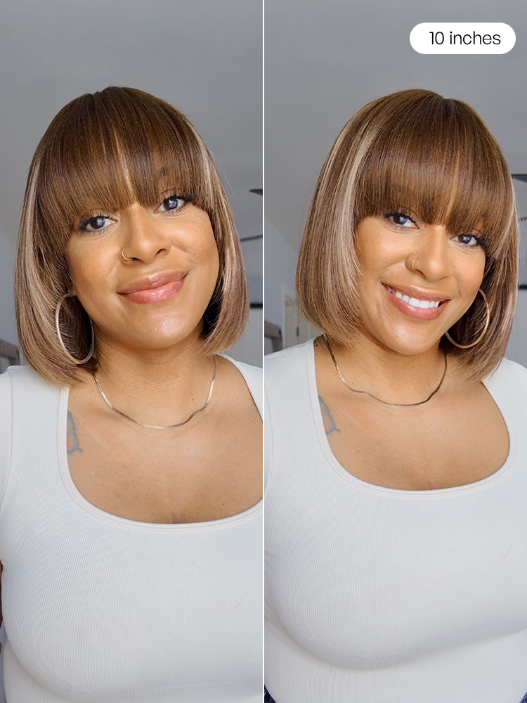 Put On and Go Bob Wig Ash Blonde Highlight / Brown Highlight / Natural Black Layered Cut Yaki Straight Minimalist Lace