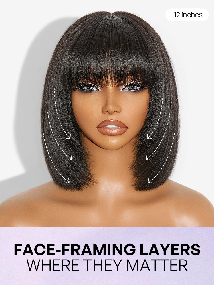 Put On and Go Bob Wig Ash Blonde Highlight / Brown Highlight / Natural Black Layered Cut Yaki Straight Minimalist Lace