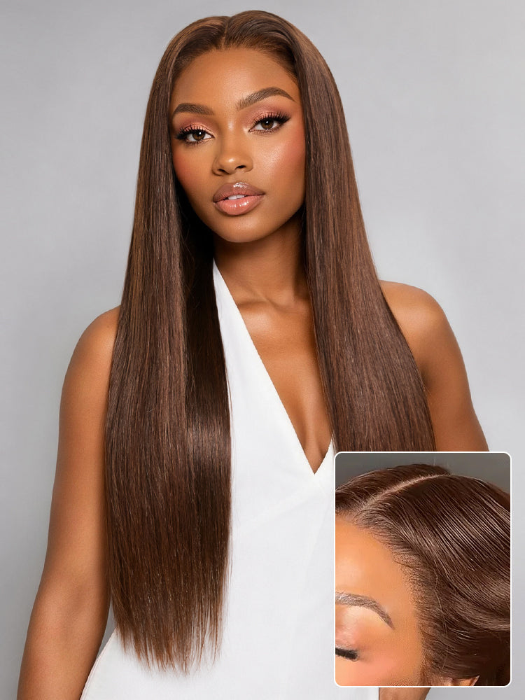 Rich Chocolate Brown Silky Straight 180% Density Glueless 13x4 Lace Frontal Wig with Pre-Cut Lace Drawstring Cap