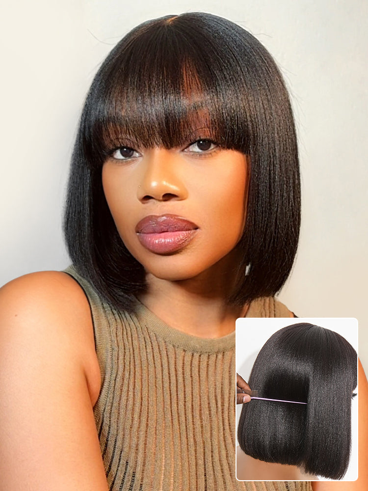 Put On and Go Realistic Glueless Yaki Straight Bob with Bangs Minimalist Lace Wig 100% Human Hair