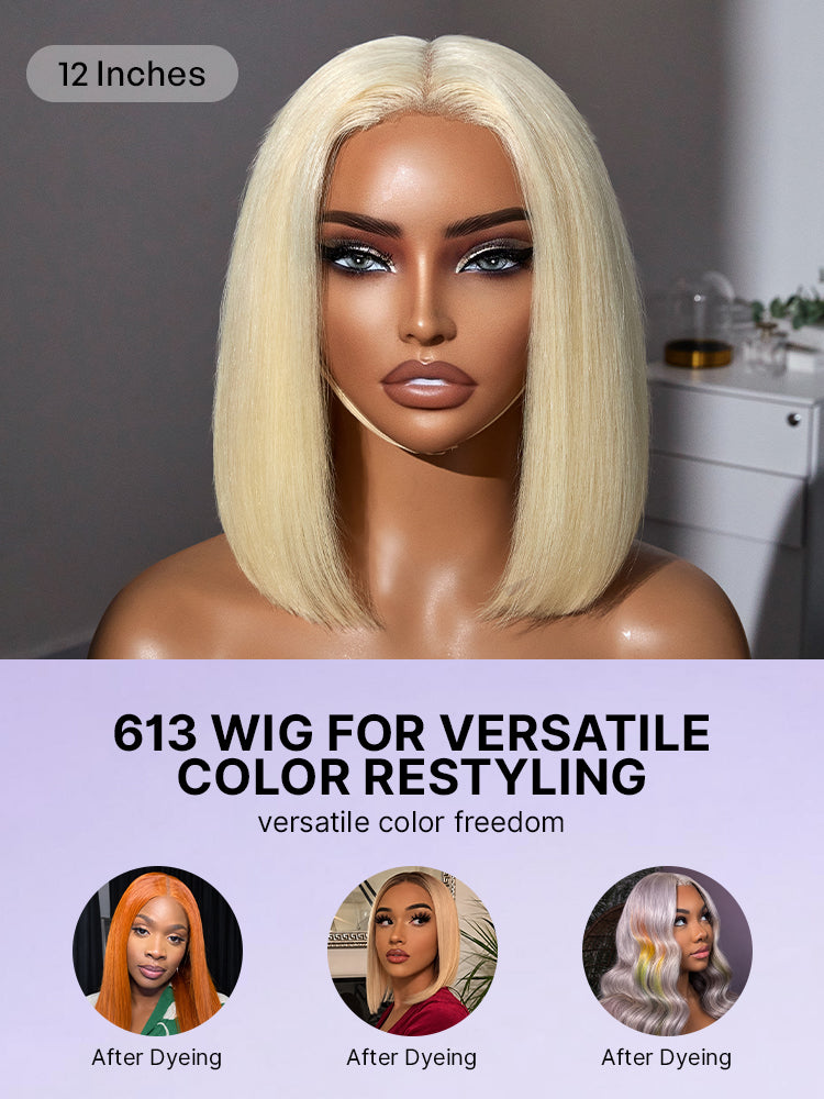 Easily Redyed 613 Blonde Blunt Cut Bob Wig Glueless Deep Middle Part 2x6 HD Lace Wig Pre-Cut Lace