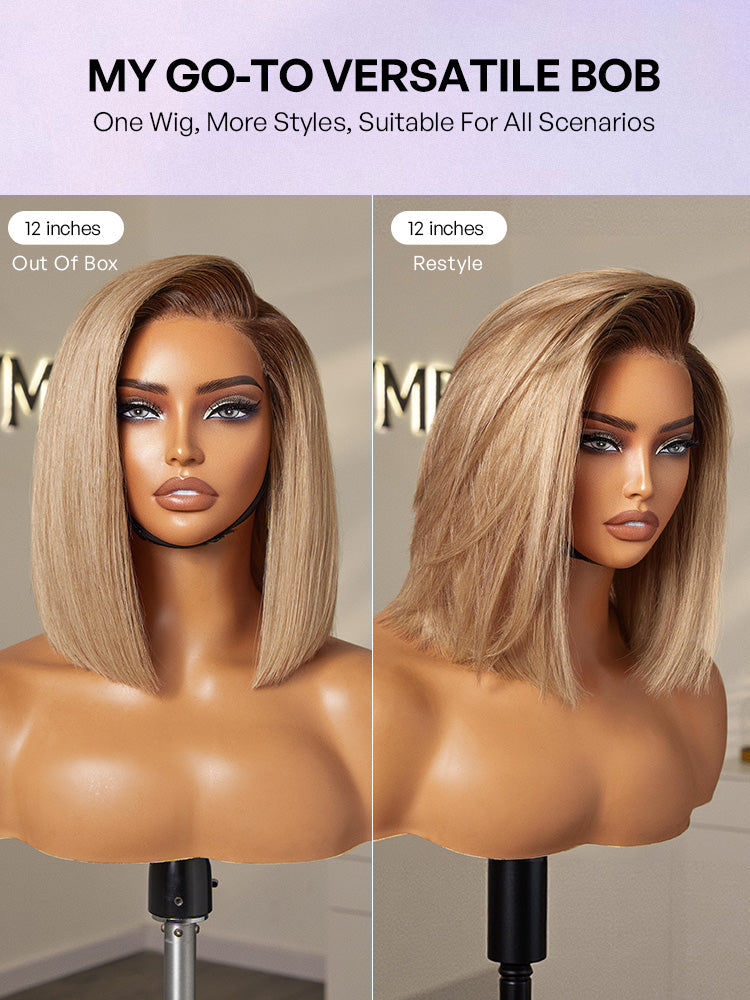 Ash Blonde Ombre Blunt Cut Bob Glueless Minimalist HD Lace Short Bob Wig Ready to Go Pre-Cut Lace