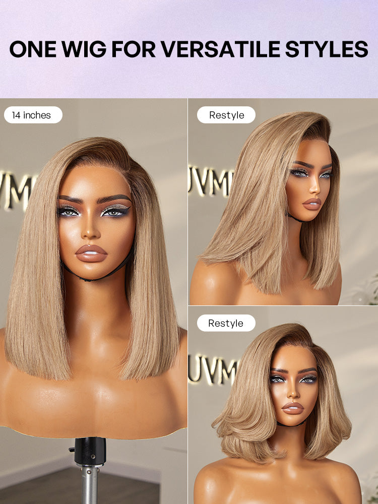 Ash Blonde Ombre Blunt Cut Bob Glueless Minimalist HD Lace Short Bob Wig Ready to Go Pre-Cut Lace