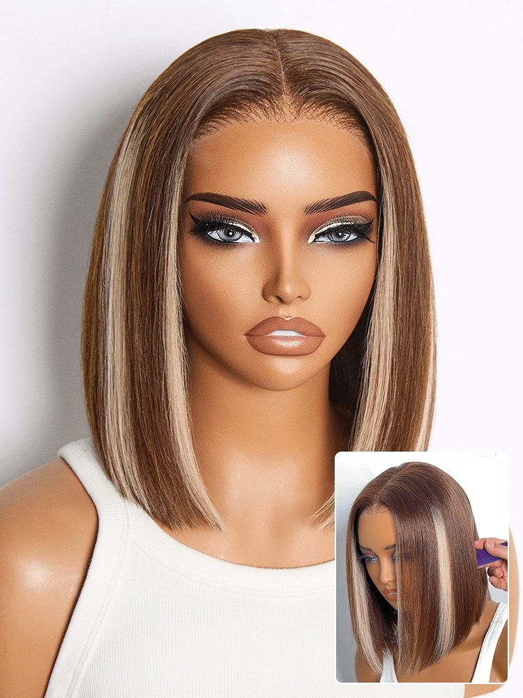 Ash Blonde Highlight Glueless 5x5 HD Closure Lace Bob Wig Pre-Cut Lace Flexi-Fit Drawstring Cap