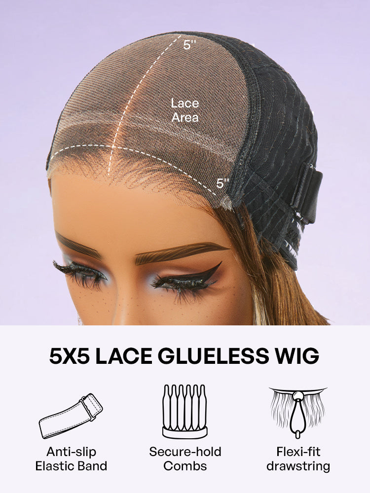 Ash Blonde Highlight Glueless 5x5 HD Closure Lace Bob Wig Pre-Cut Lace Flexi-Fit Drawstring Cap