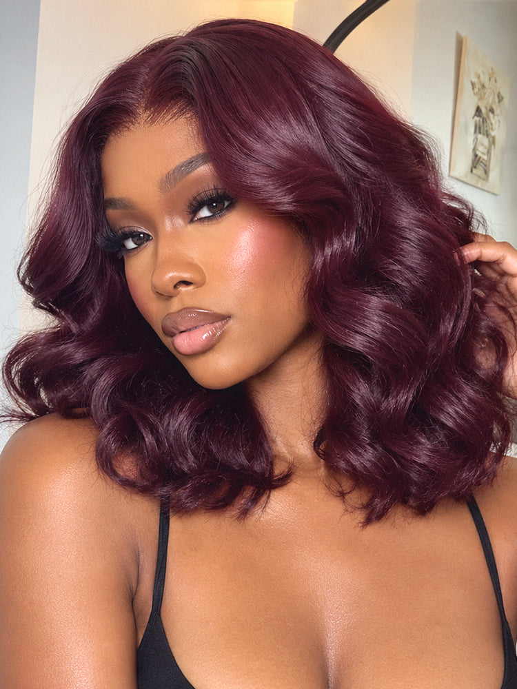 Dark Plum 99J Color Wig Loose Wave Minimalist HD Lace Glueless Mid Part Short Wig Pre-cut Lace