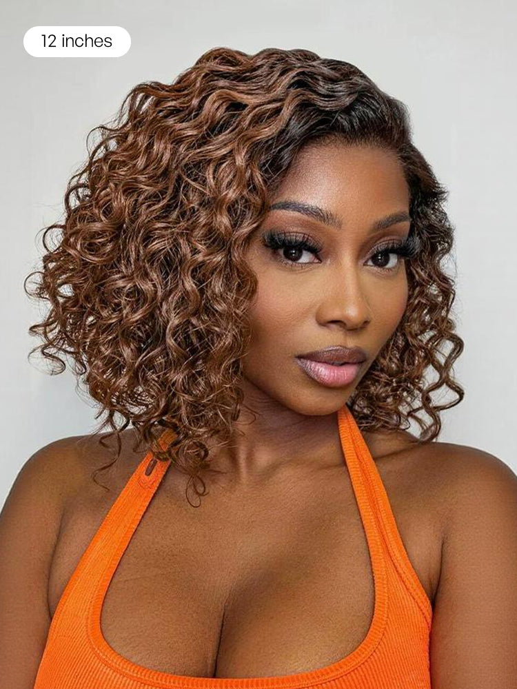 Ready to Go Ombre Brown Water Wave Short Curly Bob Wig Glueless Minimalist HD Lace Wig Pre-Cut Lace