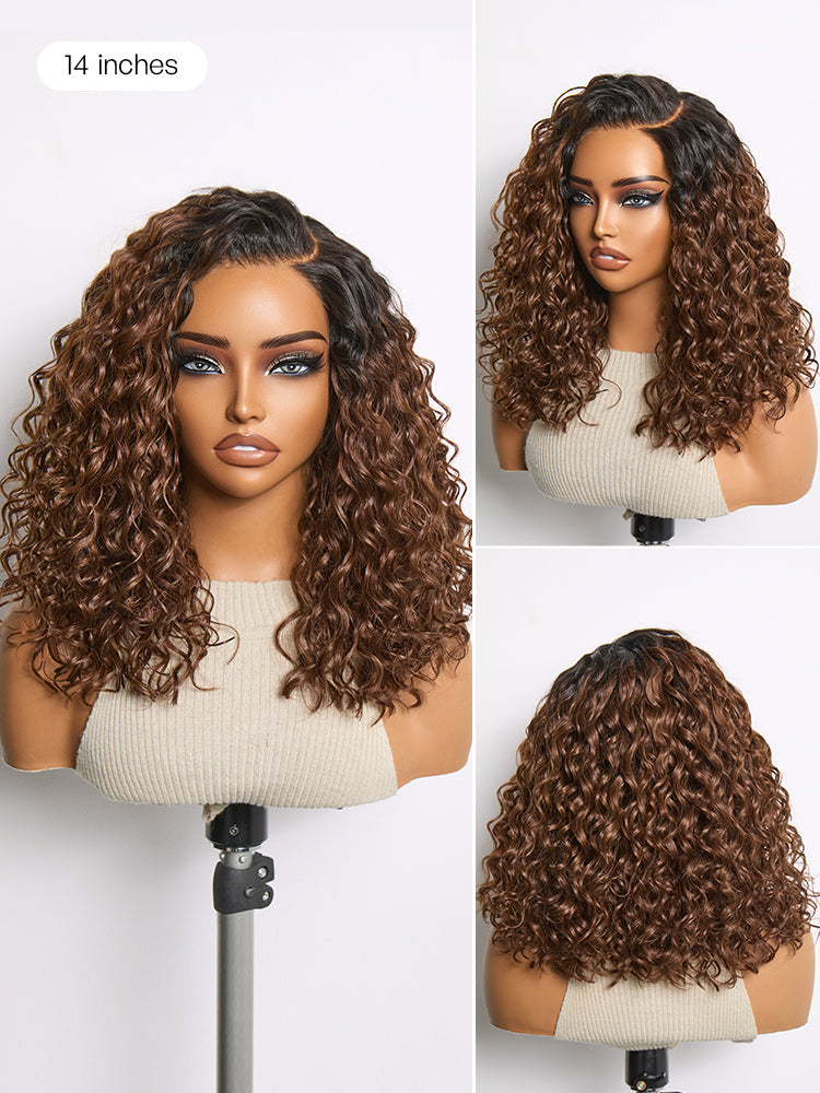 Ready to Go Ombre Brown Water Wave Short Curly Bob Wig Glueless Minimalist HD Lace Wig Pre-Cut Lace